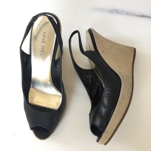Nine West Black Leather Slingback Wedge Sz 7.5 M